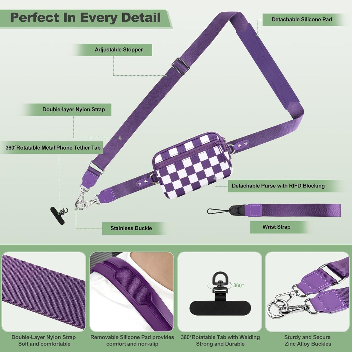Clip and Go Strap for Phone with Wallet Crossbody, Adjustable Phone Lanyard with Detachable RFID Wristlet Wallet, Phone Strap with Phone Tabs for All Phones, Purple Checkered (M)