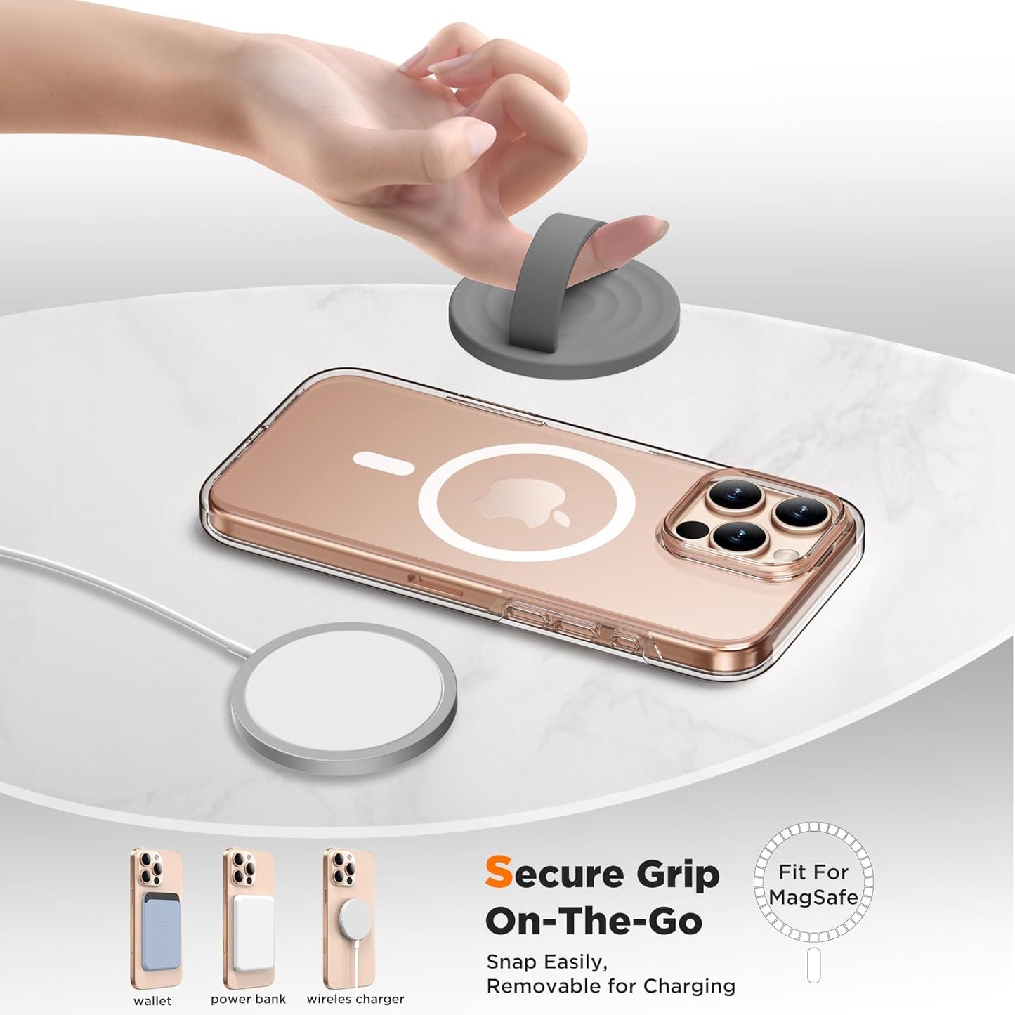 Magnetic Phone Ring Grip Holder, Silicone Finger Loop Grip, Compatible with MasSafe, Back of Phone for iPhone Pro Max/Plus/16/15/15/14/13/12 Series, Gray