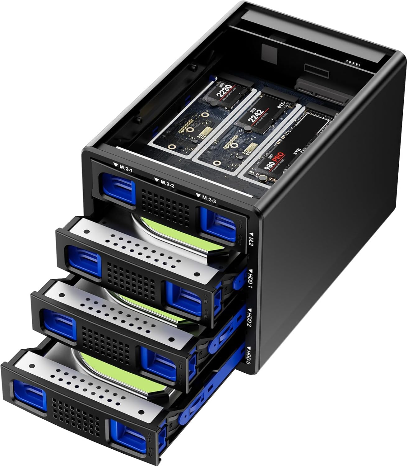 Hybrid 3*2.5/3.5" SATA HDD/SSD+3* M / B+M Key M.2 NVMe Enclosure with Cooling Fan and USB A/C 3.2 Gen 2, Hard Drive Enclosure Support 90TB(3*22TB HDD+3*8TB 2230/2242/2260/2280/22110 SSDs)