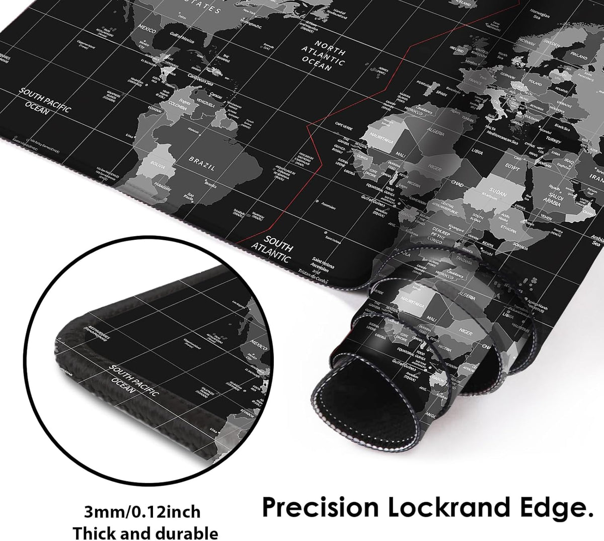 Galdas Gaming Mouse Pad XXL XL Large Long Extended Big Mousepad Non-Slip Rubber Keyboard Desk Pad with Stitched Edges for Laptop Home Office (31.5x11.8x0.08 Inch) … (Black World Map)