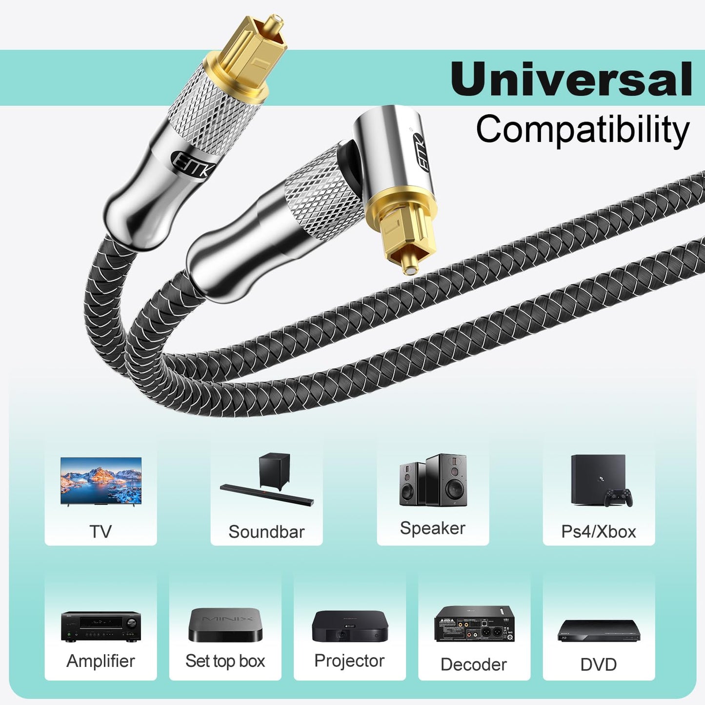 EMK Premium 24K Gold-Plated Right Angle Optical Cable – 90° Toslink to Toslink (0.5M/1.5Ft), 360° Rotatable for Soundbars, TVs & Home Theater