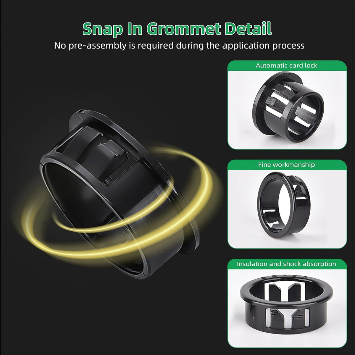 1-3/4"(45mm) Black Snap-in Knockout Insulating Bushing Grommets, Plastic Cable Hole for Wiring, Round Nylon Snap-in Locking Electrical Wire Cord Hose & Tubing Bushings, 8pcs