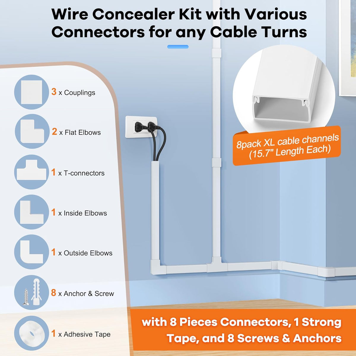 Cord Hider Kit 126in (8 x L15.7in) - ZhiYo Cable Covers for Wires on Wall, Wire Hider for Wall Mounted TV, White Cable Raceway, Paintable Cord Cover Cable Management for Home Office, W1.54in x H0.75in