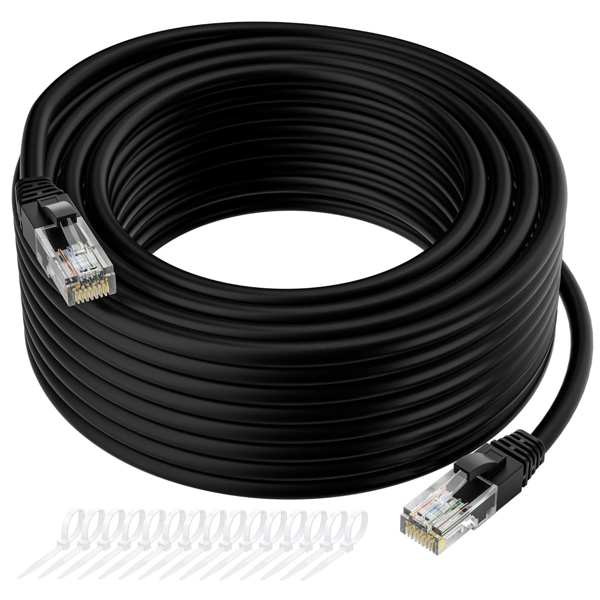 Cat5e Ethernet Cable 25 FT, Long Cat 5e Internet Cable, Black Snagless Patch Cord, Flexible, Network, LAN, PoE, Standard RJ45 Connector for PC, Server, Router, Modem, TV, PS5 - with 15 Cable Ties