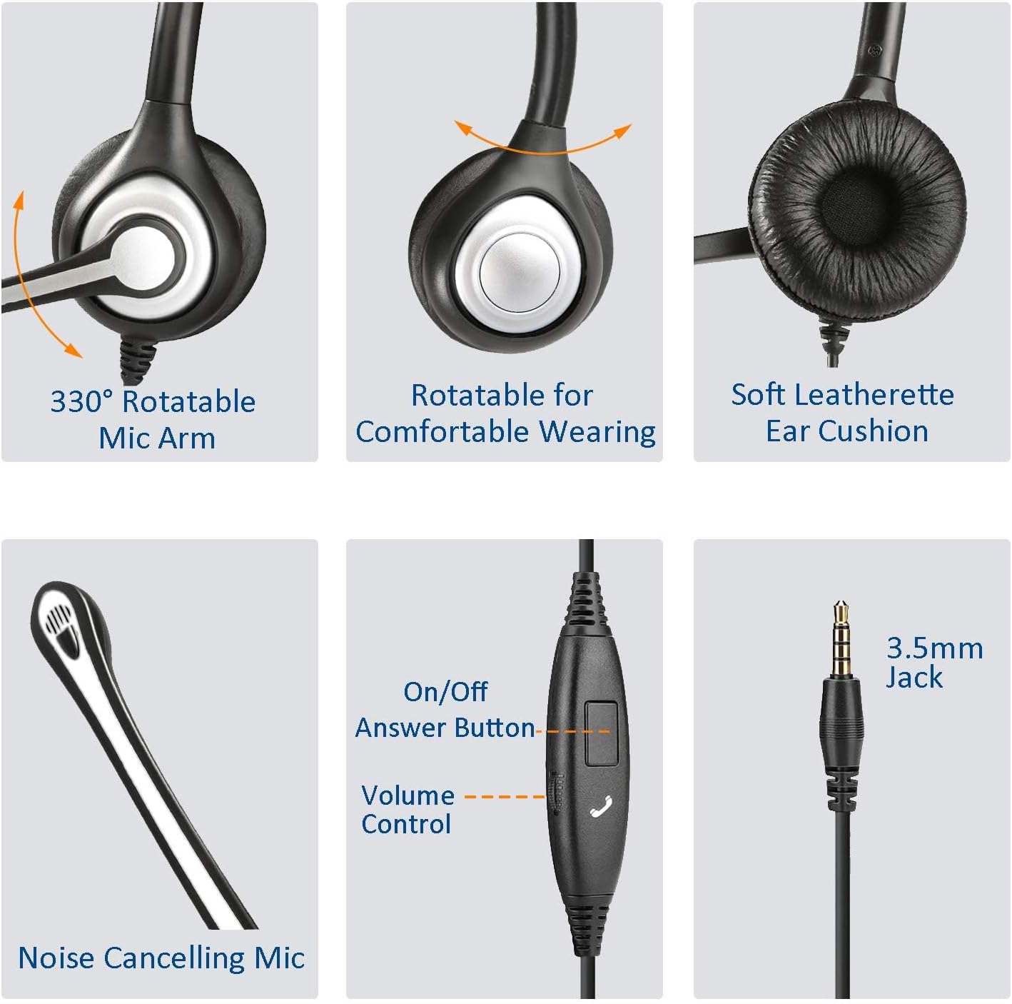 Cell Phone Headset with Microphone Noise Cancelling & Call Controls, 3.5mm Computer Headphones for Samsung PC Business Skype Softphone Call Center Office, Clear Chat, Ultra Comfort