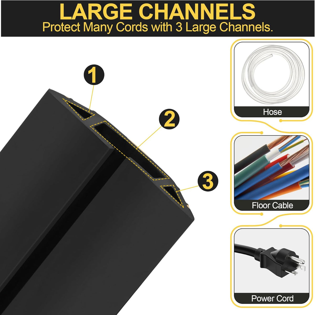 MYFAMIREA 4FT Floor Cord Cover Heavy Duty Cable Cover Protector with 3 Channels Extension PVC Floor Wire Cover Outdoor Cord Hider Management Cord Cover for Wire on Floor for Home Office Outdoor