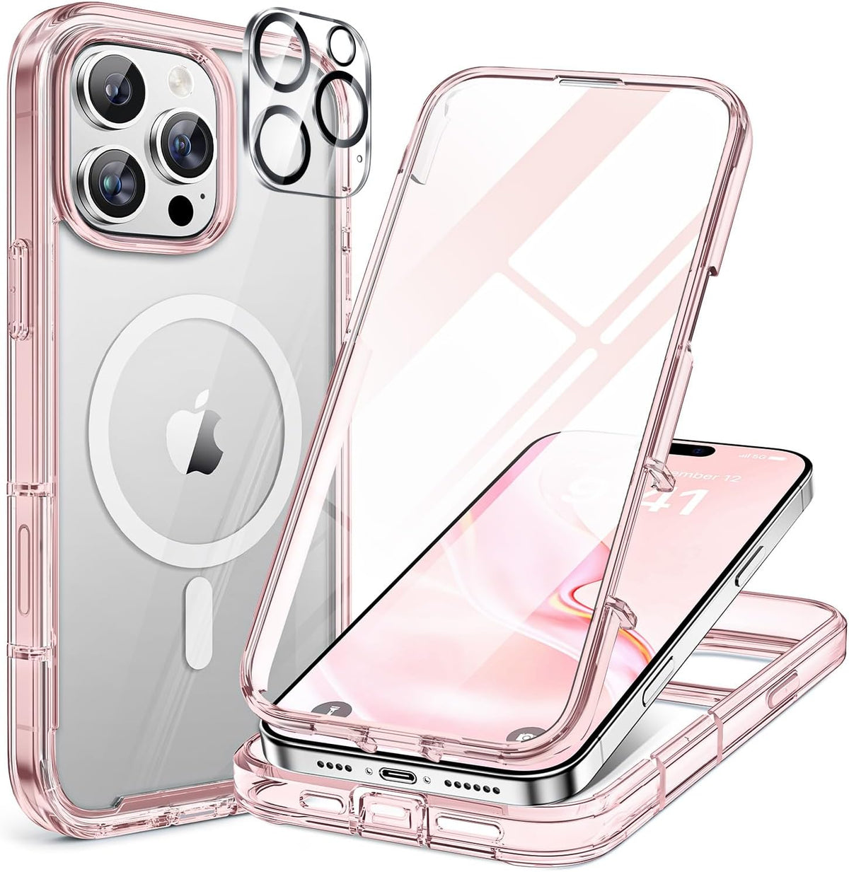 Miracase for iPhone 16 Pro Case Full-Body Phone with Built-in Glass Screen Protector, [Compatible with MagSafe] Military Drop Proof 16 Pro Cover Bumper 6.3 inch, Clear Pink