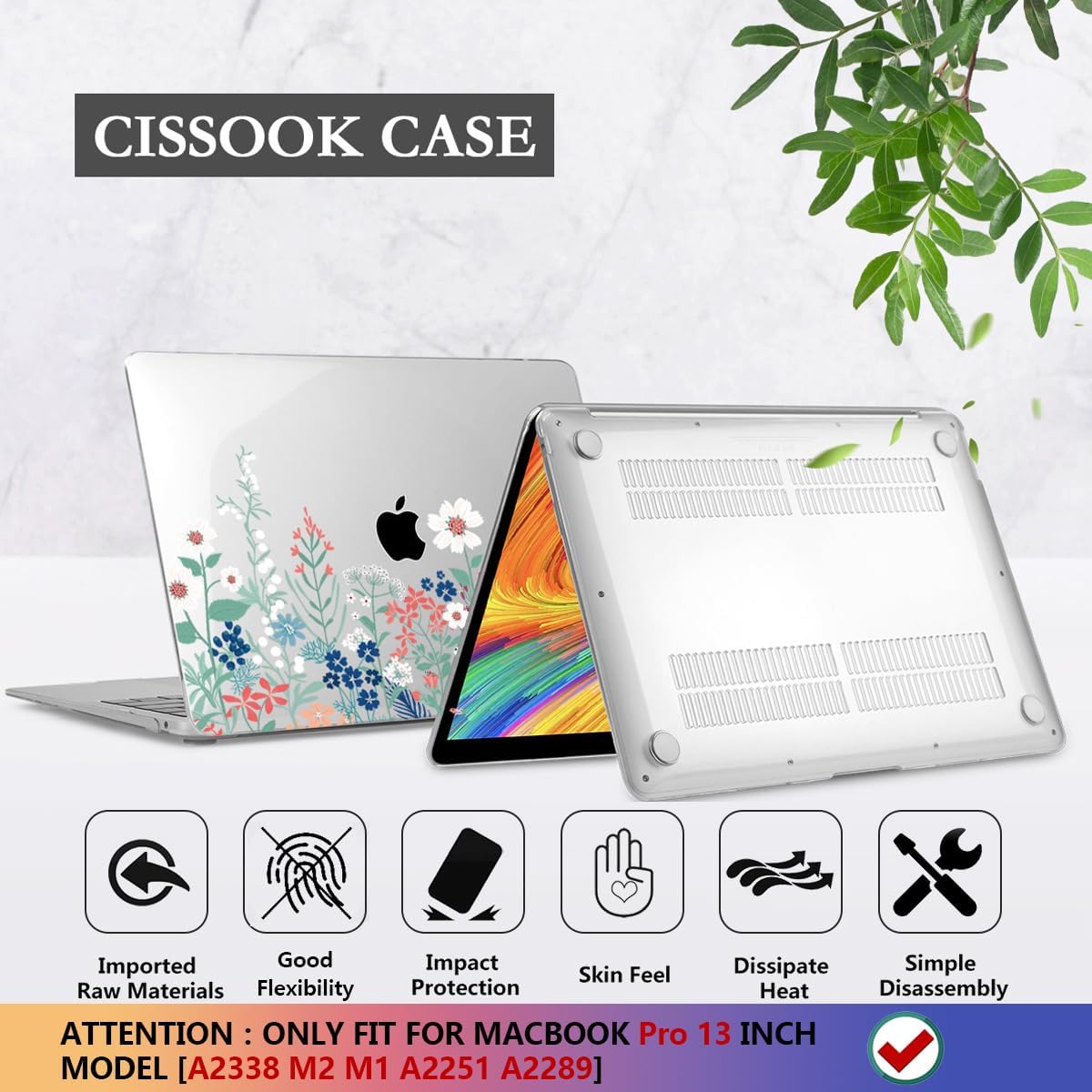 CISSOOK Compatible with MacBook Pro 13 inch Case M2 2025-2020 Model M1 M2 A2338 A2289 A2251, Protective Hard Case Floral Cover with Keyboard Cover for MacBook Pro 13 - Green Wildflowers