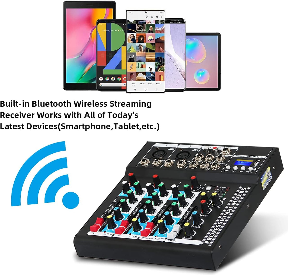 Depusheng HT4 Bluetooth Compatible Professional Portable Digital DJ Console w/USB 4 Channel Mixer Audio Interface-Mixing Boards For Studio Recording, Black