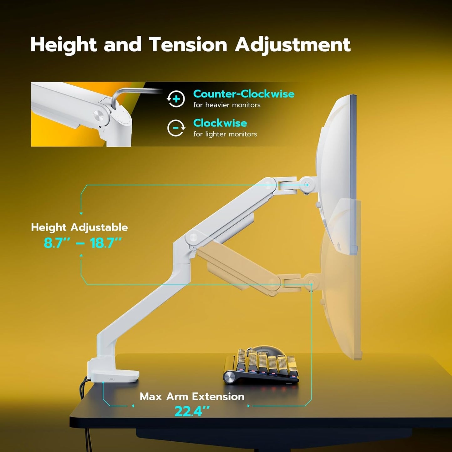 ARES WING Single Monitor Mount with USB A/C, Heavy Duty Monitor Arm for 17 to 49 inch Ultrawide Screen, Holds 44 lbs, Adjustable Gas Spring Arm Desk Mount with Clamp and Grommet Base, White
