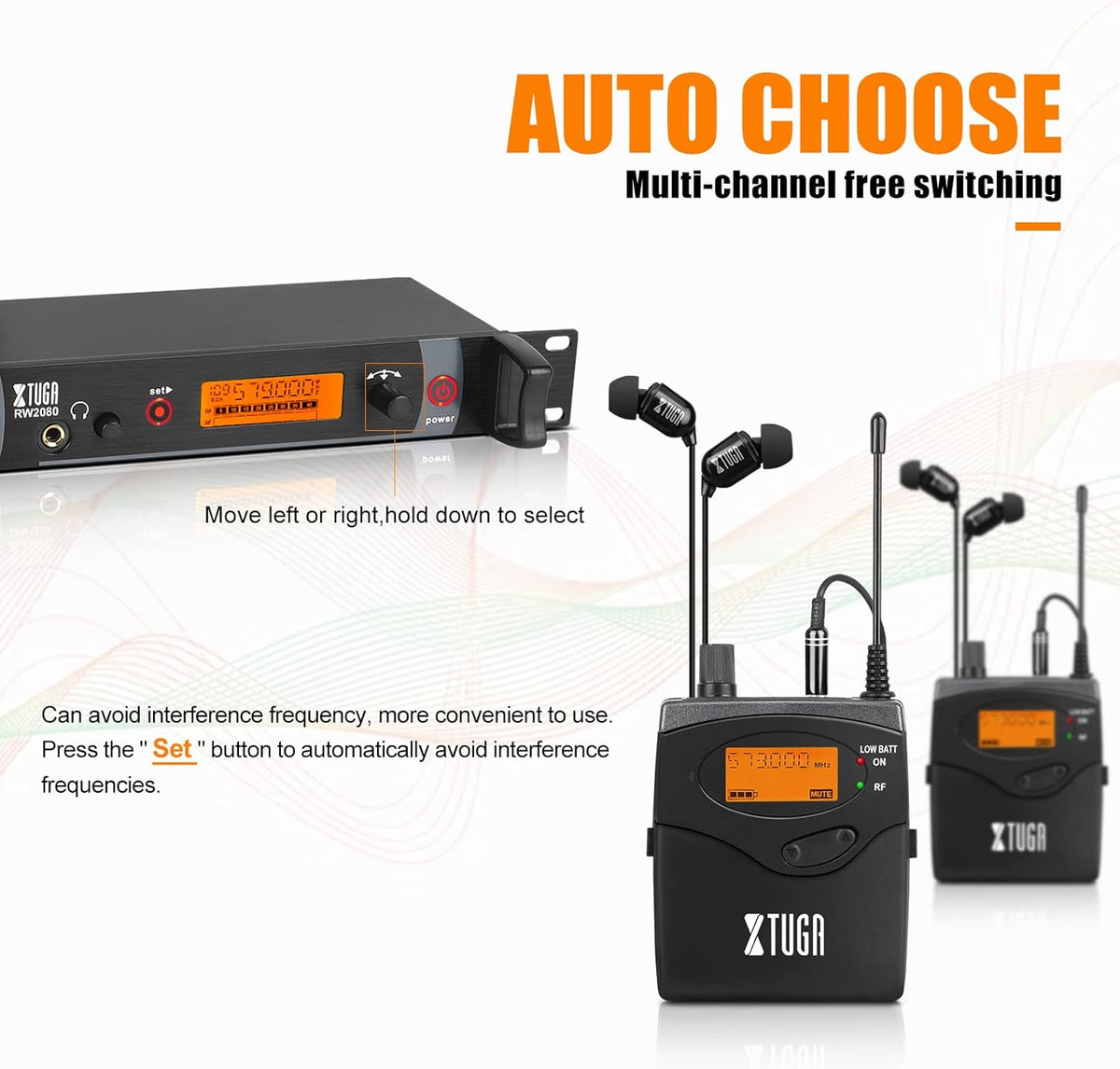 XTUGA RW2080 Wireless in Ear Monitor System Mono Design Dual Channel Wireless IEM System 5 Bodypacks, 300Ft, 40 UHF Frequencies, in Ears Monitors for Band, Stage or Studio, 902-928mhz