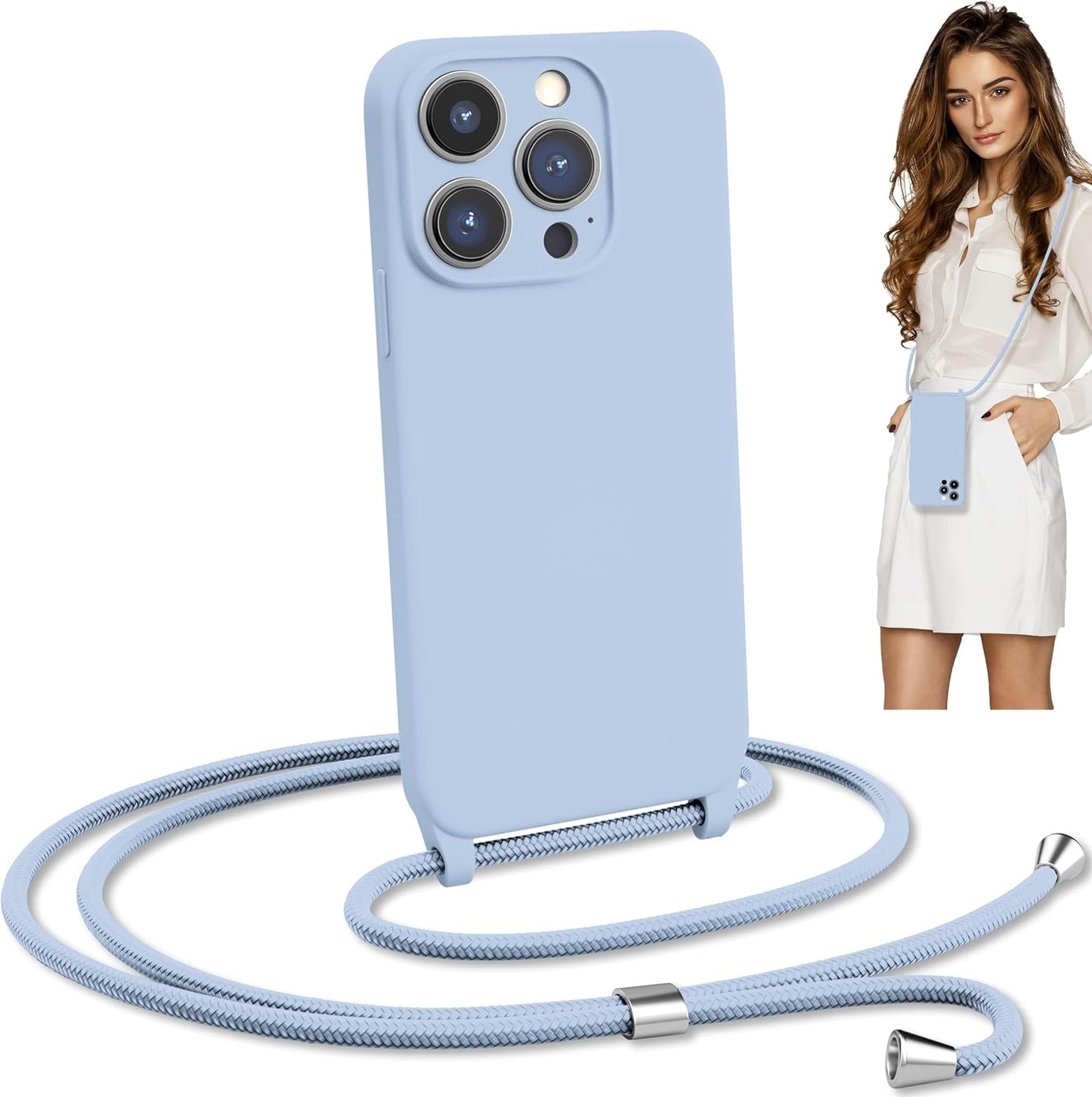 Blaspins Crossbody Lanyard Strap Case for iPhone 13 Mini, Neck Cross Body, Adjustable Holder Removable, Drop Protection Shockproof, Hands-Free Silicone Case 5.4 inch, 150 cm Strap, iP13mini - Blue