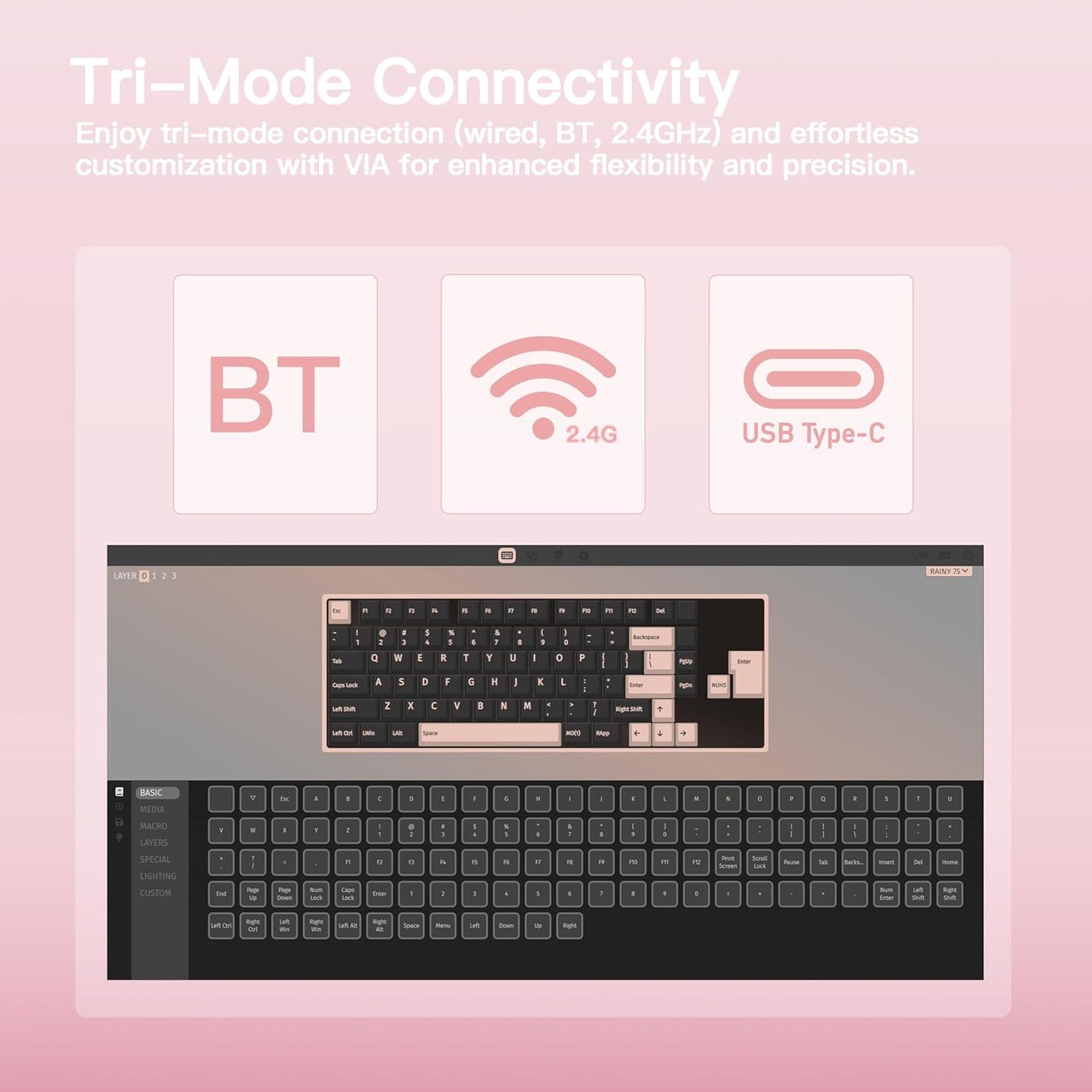 KEEBMONKEY WOBKEY Rainy 75 CNC Aluminum HMX/JWK/Cocoa Switches Triple-Mode Connectivity Mechanical Keyboard with Superior Acoustics, RGB/PP/Mirrored Glass/3500mAh/Violet Switch (Standard - Pink)