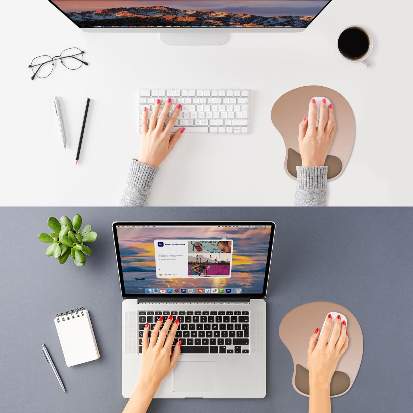 ITNRSIIET Ergonomic Mouse Pad, Cushioned Gel Wrist Rest, Non-Slip Base, Smooth Surface, Cute Multi-Color, 9.5 x 8.2 in, Soft Brown Gradient