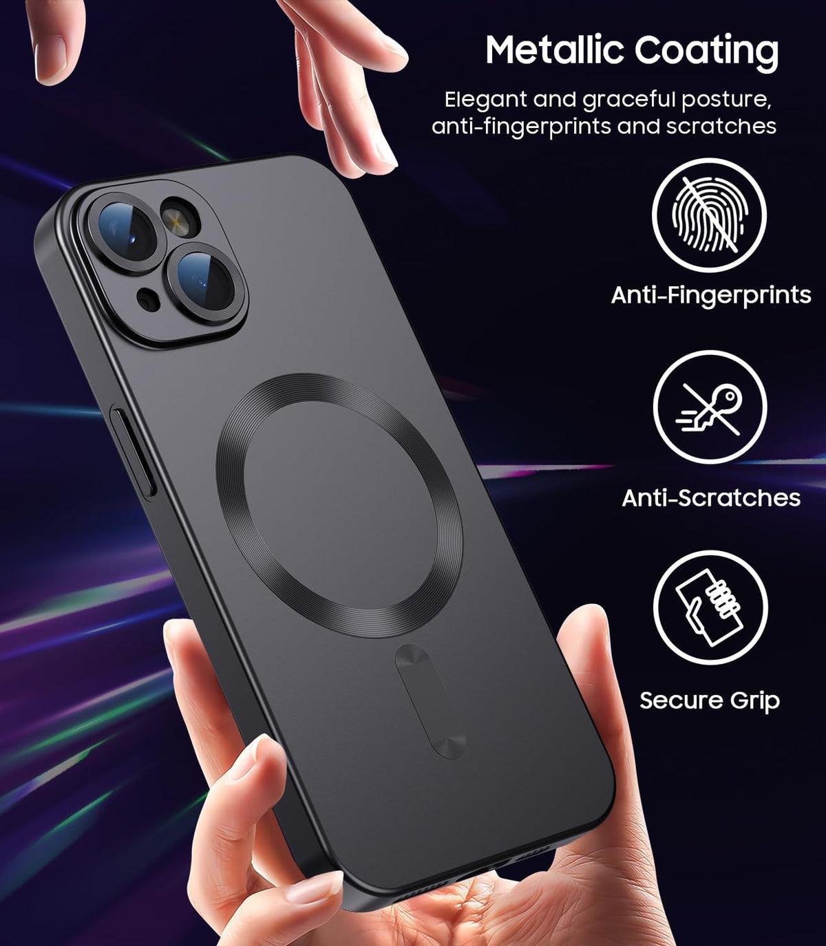 Magnetic for iPhone 14 Plus Case [Compatible with MagSafe][Built-in Camera Lens Protector] Slim Soft Silicone Bumper Shockproof Metallic Luster Phone Case (Black)
