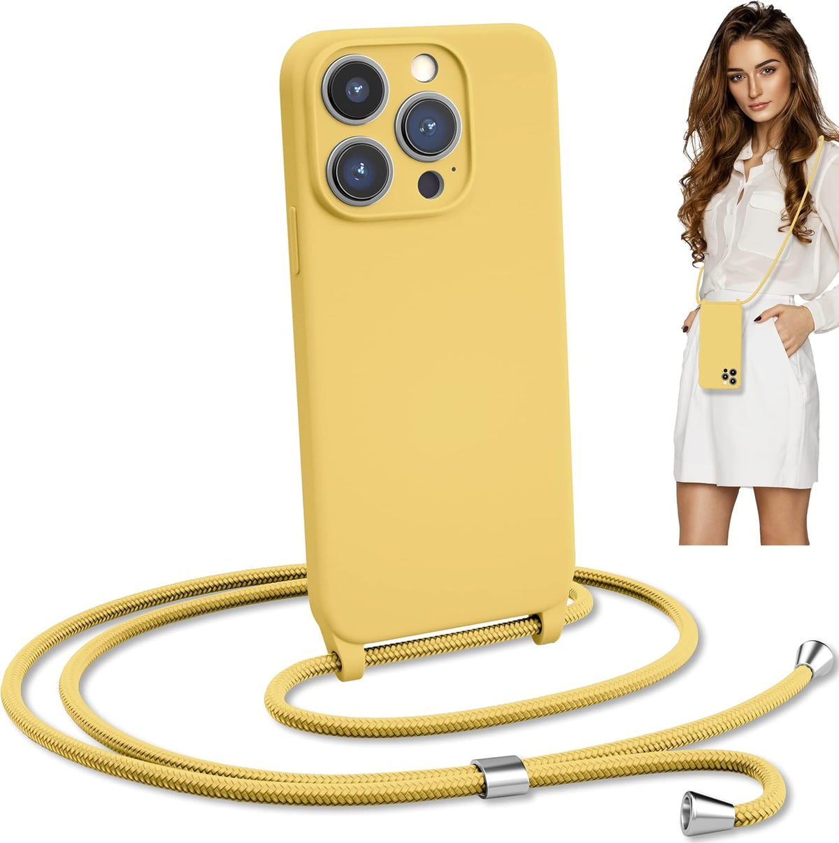 Blaspins Crossbody Lanyard Strap Case for iPhone 13 Pro, Neck Cross Body, Adjustable Holder Removable, Drop Protection Shockproof, Hands-Free Silicone Case 6.1 inch, 150 cm Strap, iP13Pro - Yellow