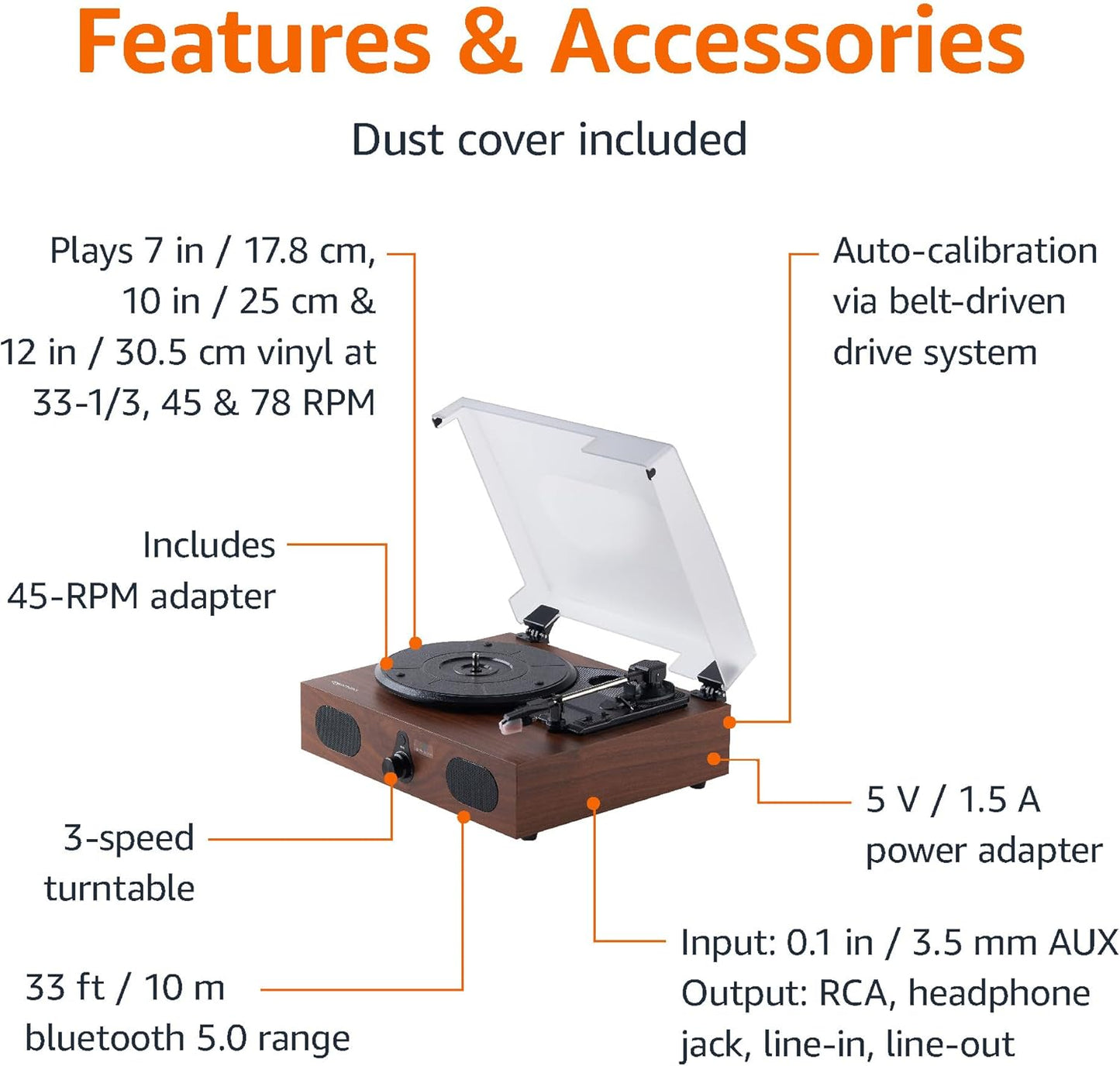 Amazon Basics Desktop Turntable Vinyl Record Player with Bluetooth and Built-in Speakers, 3-Speed, Black