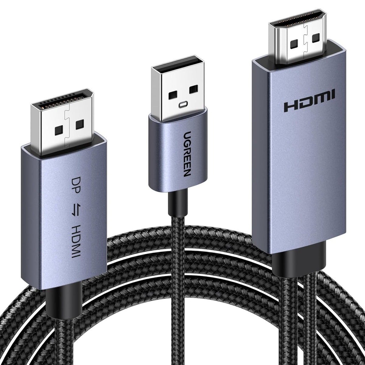 UGREEN 4K@60Hz Bidirectional HDMI to Displayport Cable Male to Male Adapter DP 1.2, HDCP 2.2, HDMI 1.4 4K@30Hz with USB Powered Compatible with Laptops, PC, Switch 2/PS5/Xbox/AMD/NVIDIA/Monitor, 6.6FT