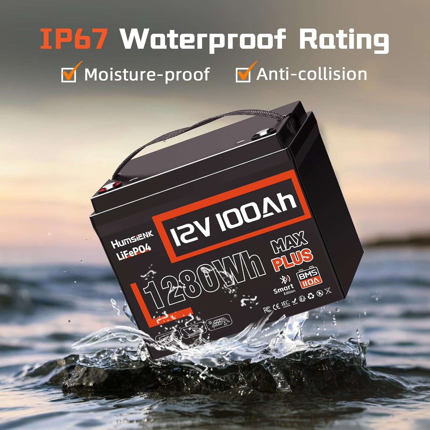 2PACK 12V 100Ah LiFePO4 Lithium Battery MAX Bluetooth 5.0 IP67, 15000+ Deep Cycles Lithium Battery, Built-in 110A BMS for RVs Marine Trolling Motors
