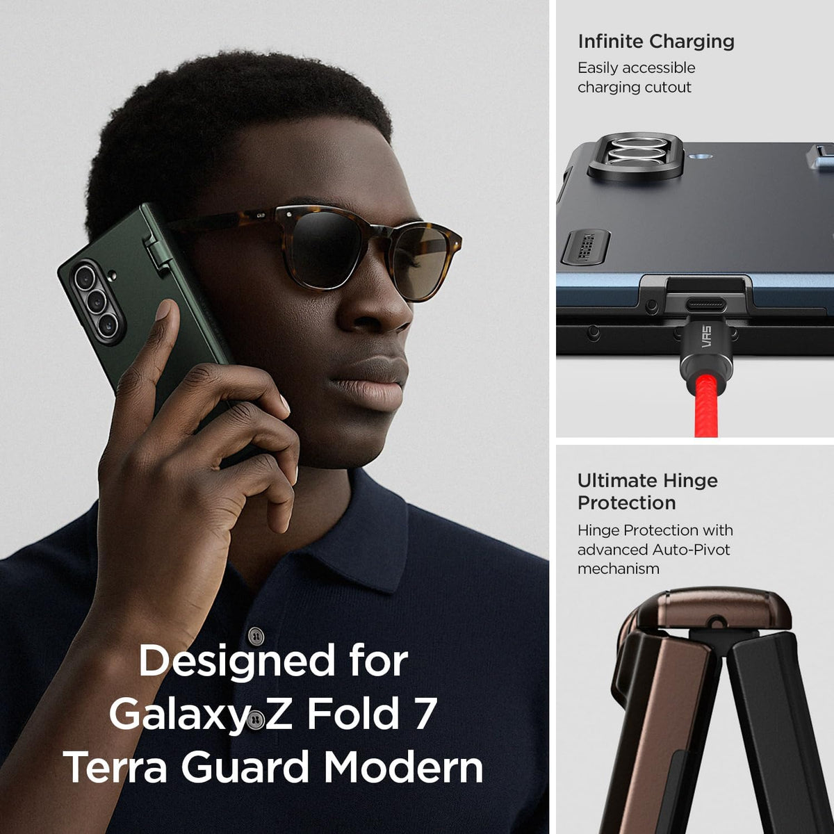 VRS DESIGN Terra Guard Modern for Galaxy Z Fold 7 (2025) – Magnetic Phone Case with Built-in Screen Protector, Rugged Dual Layer Protection & Spring-Loaded Hinge Cover (Matte Black)