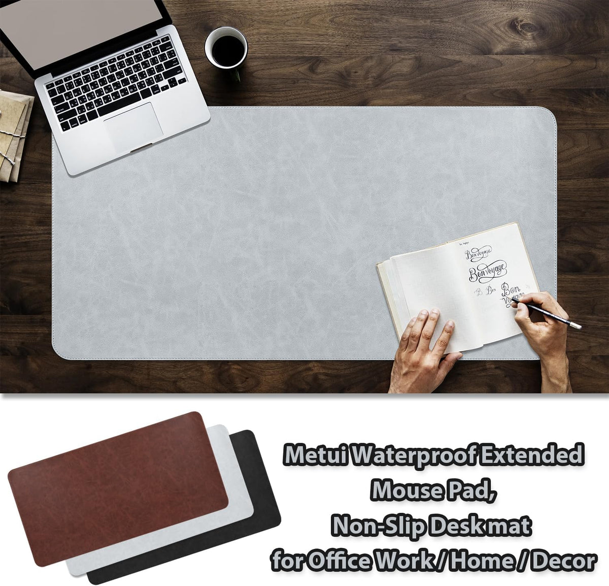 Leather Desk pad for Computer and laptops, Ideal for Gaming and Office use, Large Mouse pad and Keyboard mat,Desk mat for Man. A complimentary Wrist pad and Phone Stand.(Gray-White, 15.7"x 31.5")