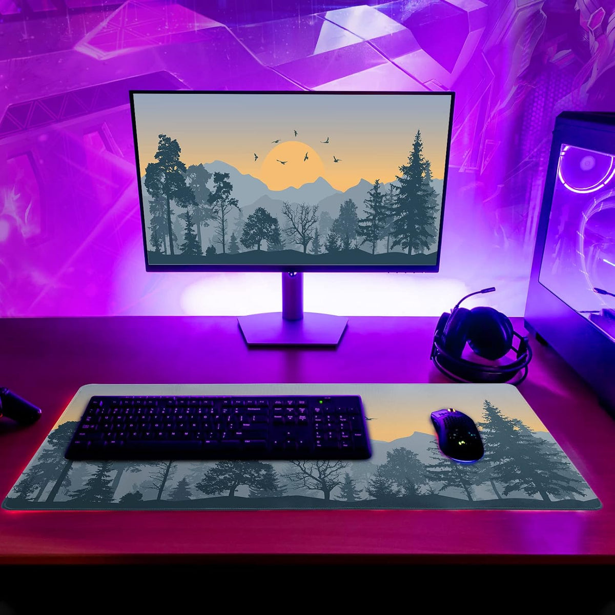 Mountain Gaming Mouse Pad 31.5x11.8 Inch Forest Large Mousepad Extended Grey Mousepad Gaming Non-Slip Rubber Base Stitched Edges Keyboard Mouse Mat Desk Pad for Office Home and Game
