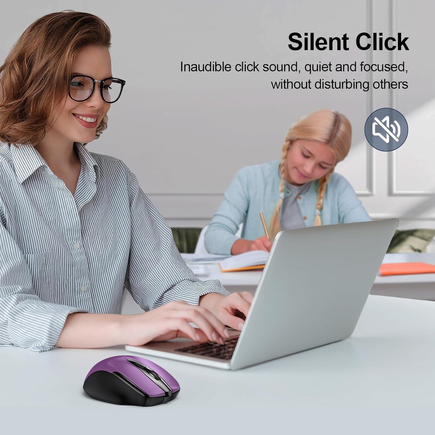 TECKNET Wireless Mouse (2.4G & BT5.0/3.0) Silent 4800 DPI Computer USB A & Bluetooth Mouse 6 Buttons, Wide Compatibility - Purple