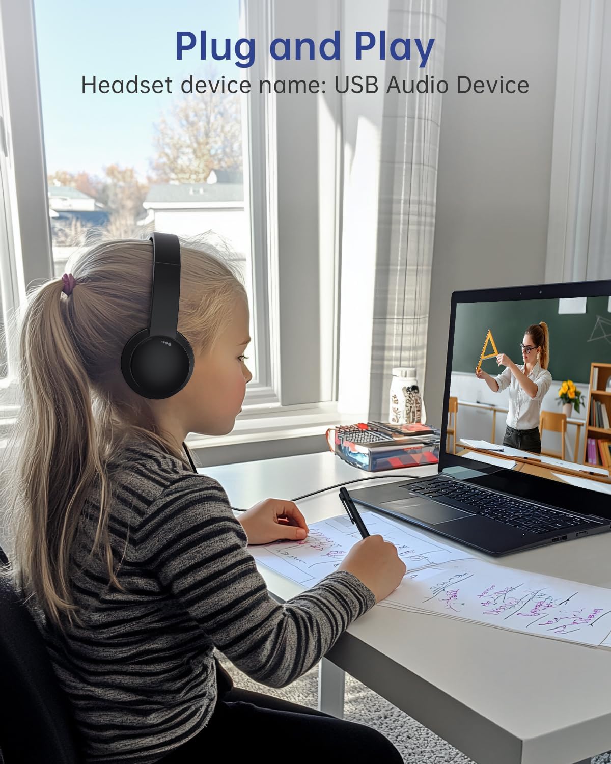 USB Headset with Microphone for PC, Wired Headphones with Mic USB Headsets with Noise Cancelling Microphone, Computer Headset with Microphone for Home Office Online Class Teams Skype（Black）
