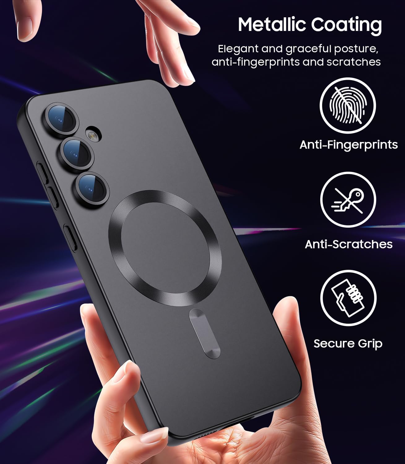 Magnetic for Samsung Galaxy S24 FE Case [Compatible with MagSafe][Built-in Camera Lens Protector] Slim Soft Silicone Bumper Shockproof Metallic Luster Phone Cover (Black)