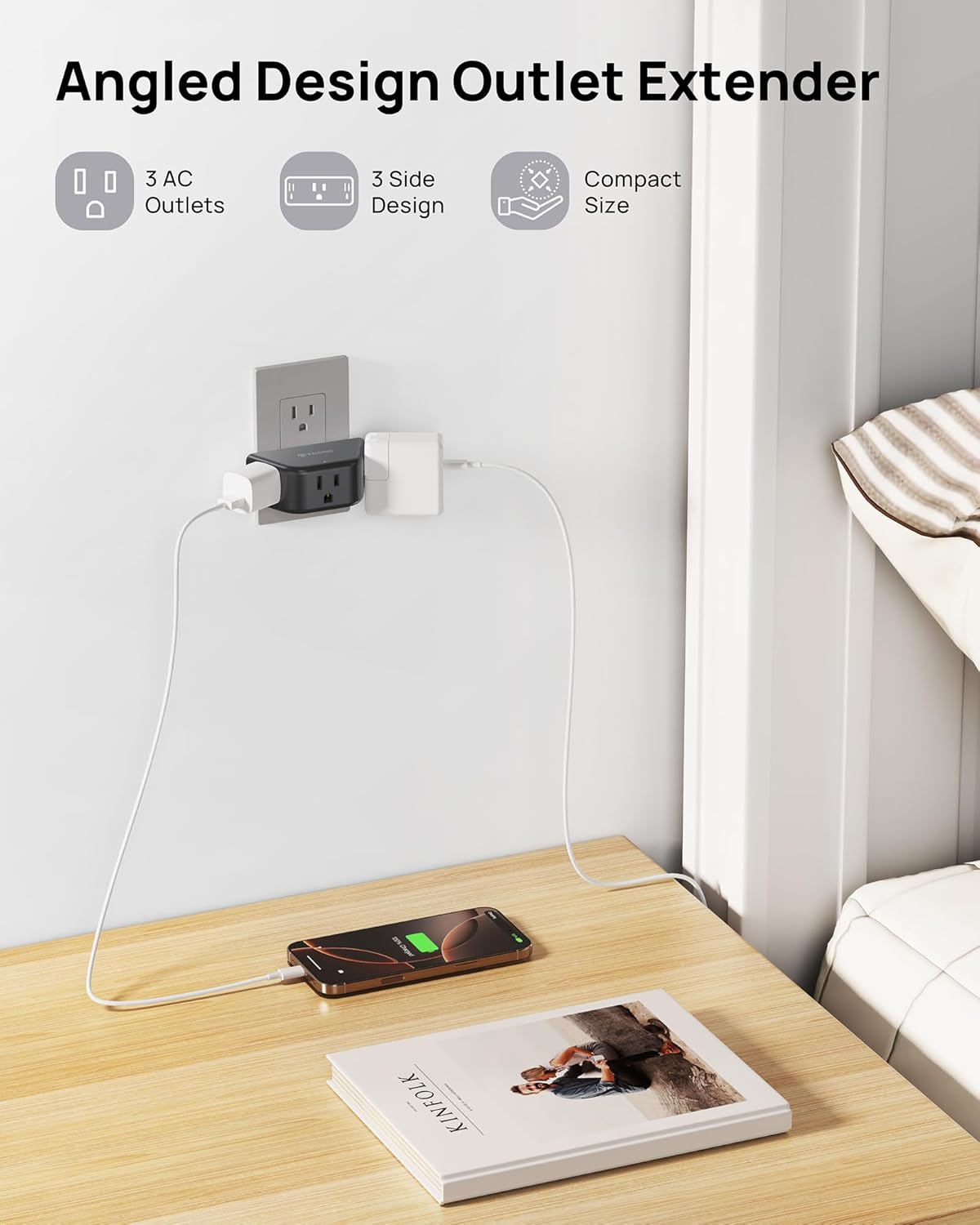 TROND Outlet Extender - 3 Prong Grounded Plug Extension Outlet, 3 Way Angled Wall Plug Splitter, Cruise Ship Essentials, Multiple Expander with 3 Electrical Sockets for Bathroom, Kitchen, Black