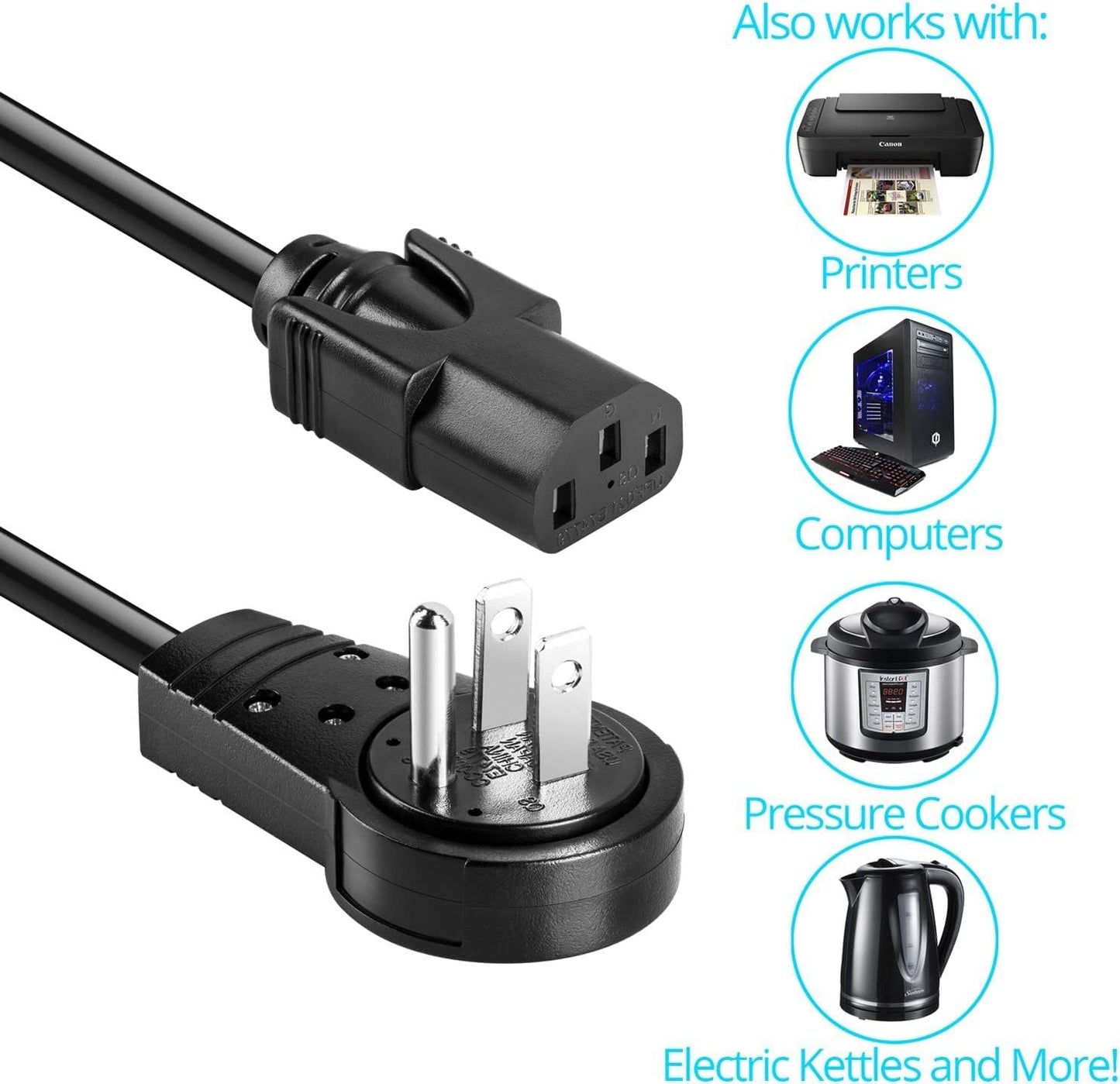 Maximm Monitor Computer Power Cord 4 Ft Flat Plug 360° Rotating PC Cable 3 Prong for, Desktop, Printer, Scanner, 16 AWG NEMA 5-15P to IEC13 - UL Certified