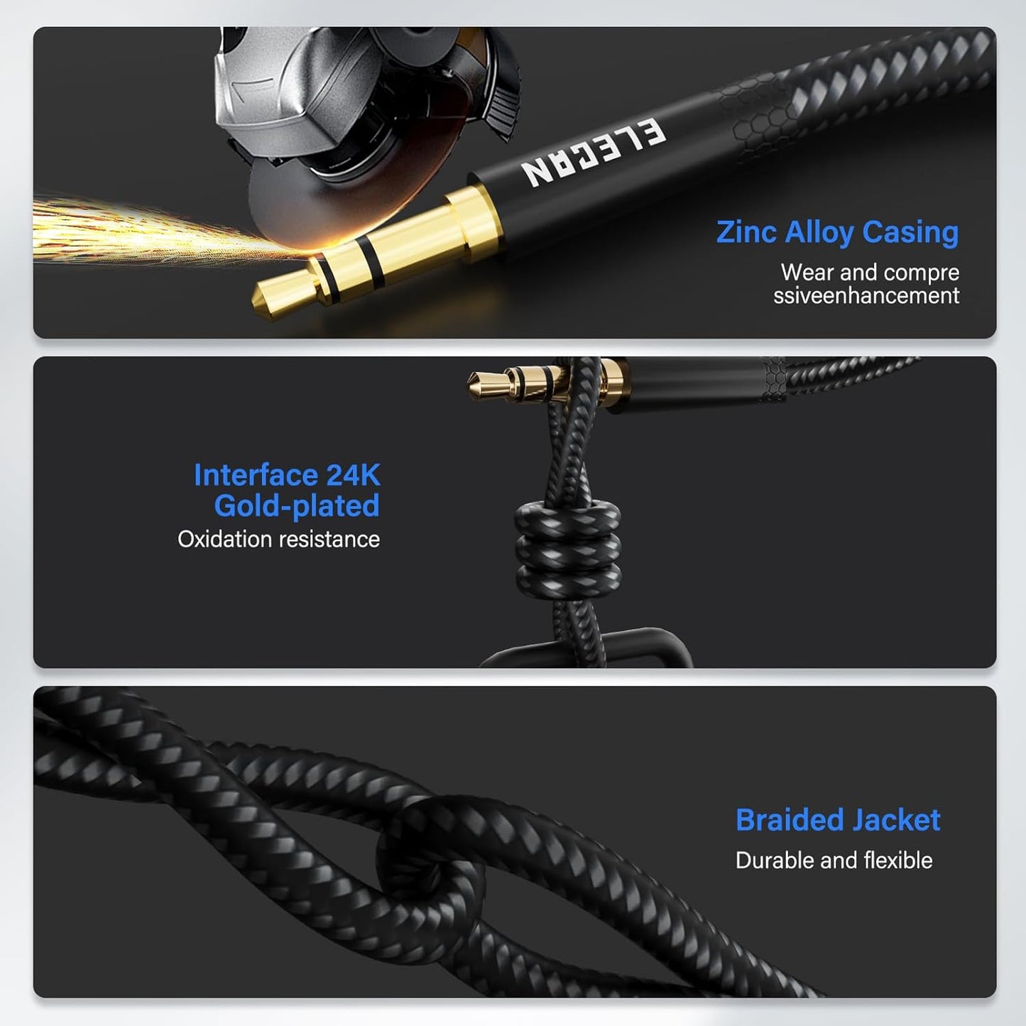 Elecan Headphone Extension Cable 10 Ft, 1/8 Inch 3.5 MM AUX Cord Wire Male to Female, Hi-Fi Sound Thin&Slim Braided TRS Stereo Audio Beats Cable Extender for Car,Home Stereos, Speaker,Phones