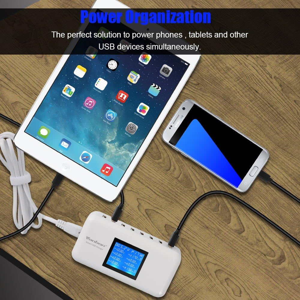 60W 8-Port USB Wall Charger, Multi Port USB Charger Charging Station W/LCD Compatible with Smart Phone, Tablet and Multiple Devices