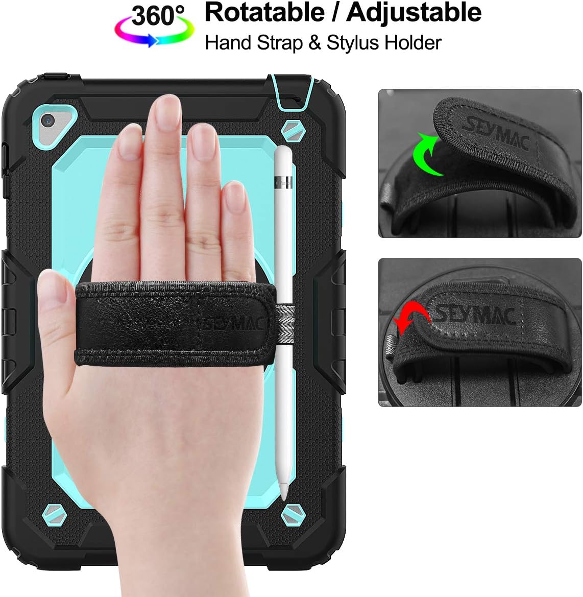 SEYMAC stock Case for iPad mini 5/4 with Screen Protector Pencil Holder [360 Rotating Hand Strap] & Stand, Drop-Proof Case for iPad mini 5th/4th Generation 7.9 inch (SkyBlue+Black)