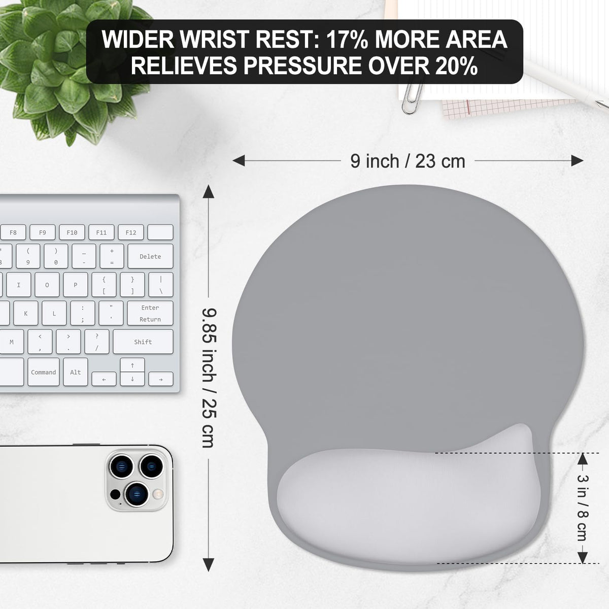 ITNRSIIET Ergonomic Mouse Pad with Wider Memory Foam Wrist Rest +17%, Curved Cushion Reduces Pressure 20%, Pain Relief, Non-Slip, Smooth, Cute Color Desk Accessory, 9.85 x 9 inch, Light Gray Accent
