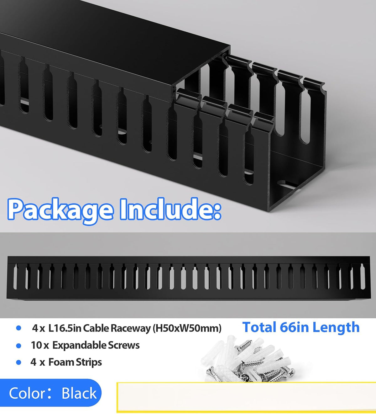 ZhiYo 66in(4X L16.5in) Professional Server Rack Cable Management Raceway, H2in x W2in Cable Raceway Kit, Electrically Safe PVC Open Slot Wire Raceway for Under Desk/Computer/Network Cords, Black