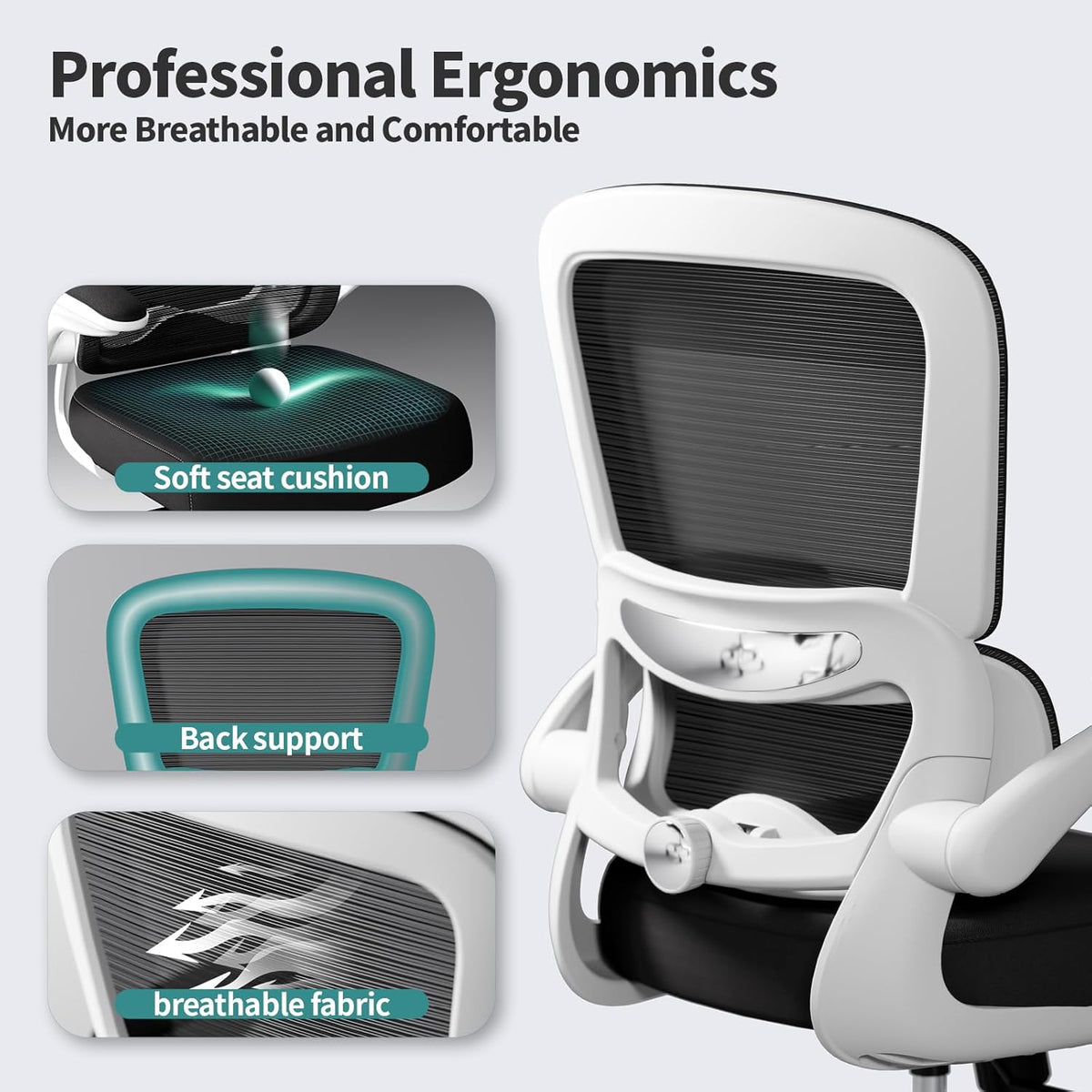 TRALT Office Chair - Ergonomic Desk Chair with Adjustable Lumbar Support, Mesh Computer Chair, Executive Chairs for Home Office Comfortable Lumbar Support (White+Black)