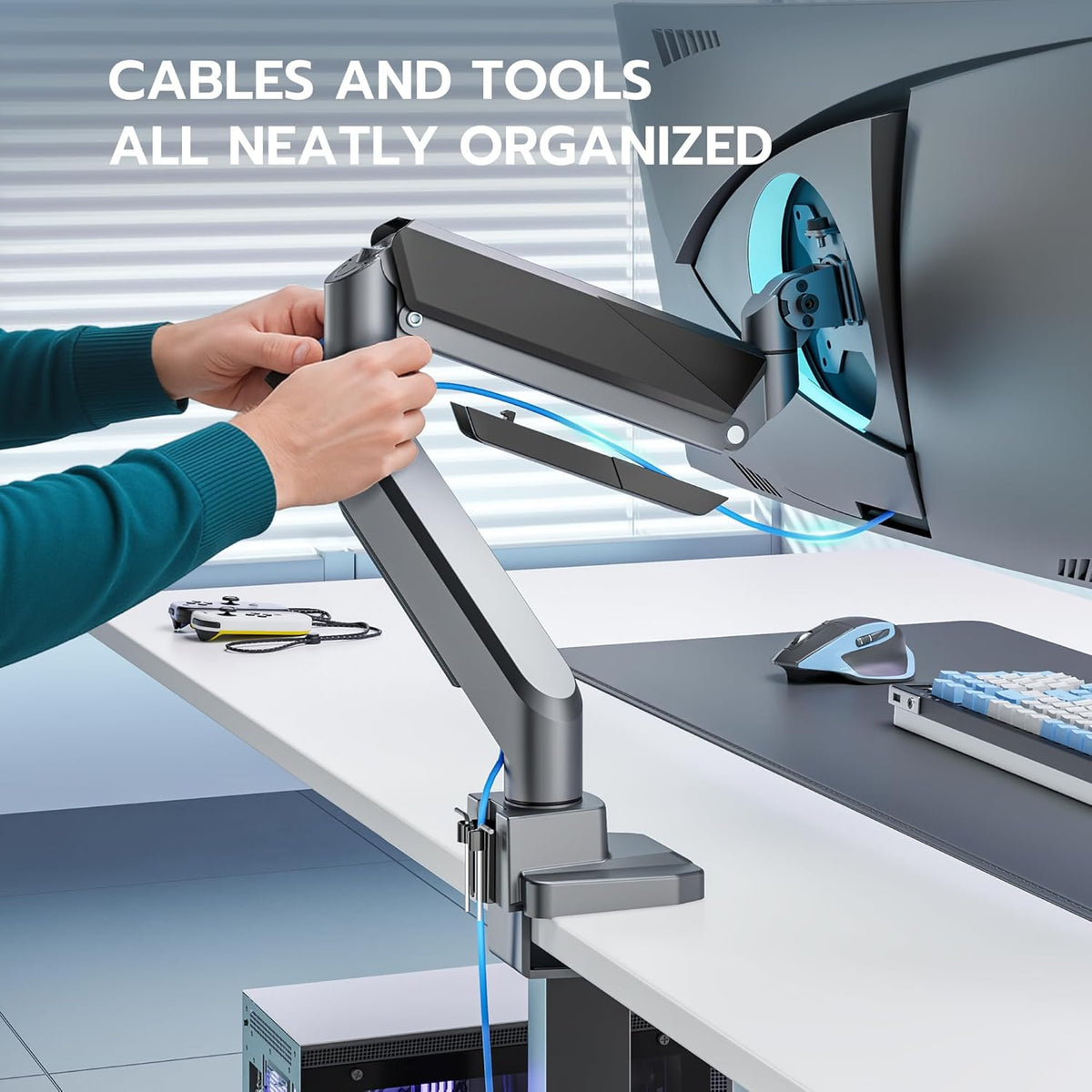 ARES WING Single Monitor Arm, Heavy Duty Adjustable Monitor Arm for 13"-45" Screens with USB, Gas Spring Desk Mount Stand with C Clamp/Grommet Mounting Base up to 40lbs Computer, Gray