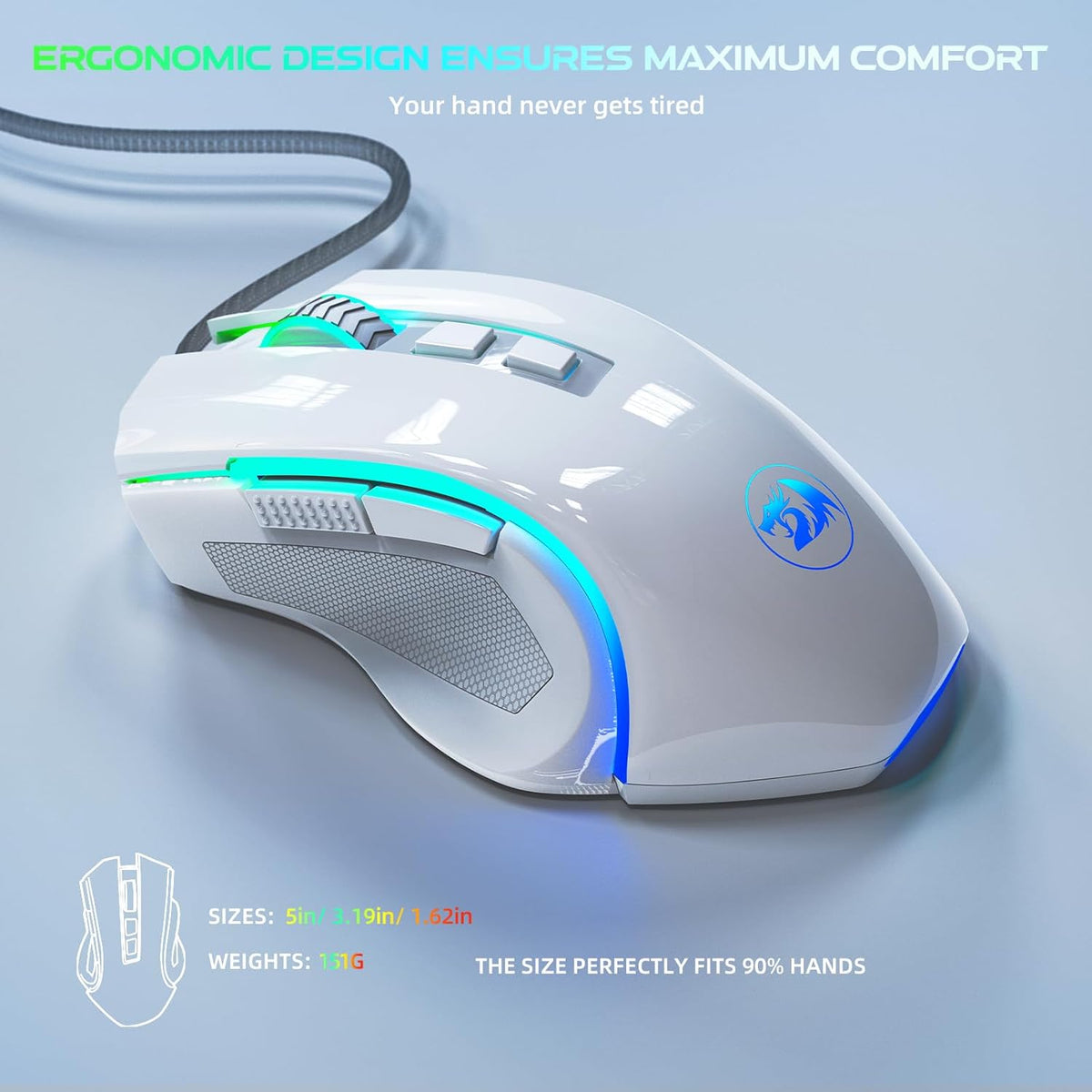 Redragon M602 Gaming Mouse, Ergonomic RGB Gaming Mouse Wired with 7200 Adjustable DPI, 9 Programmable Buttons, Professional Software for Gamer Office [White]
