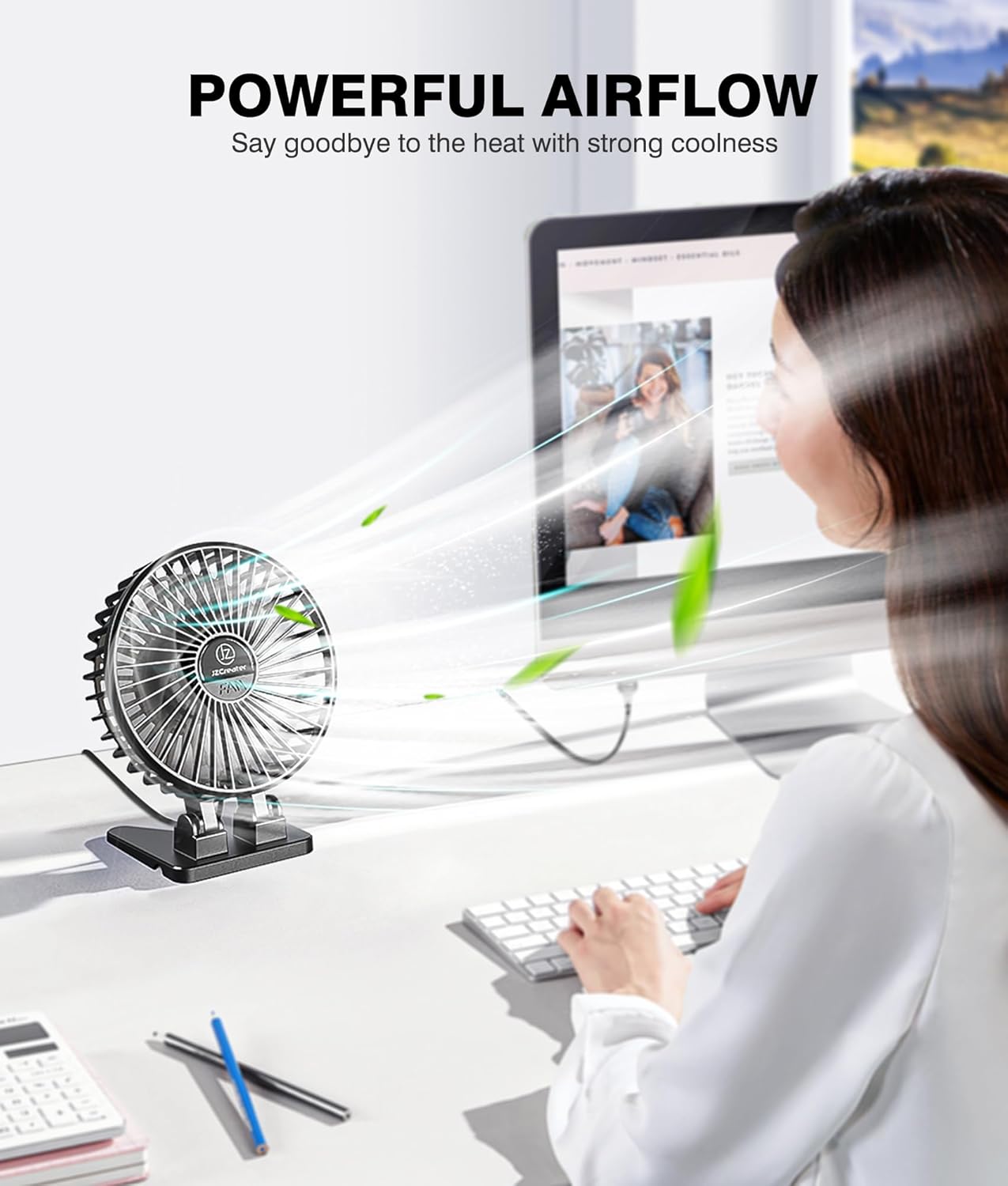 JZCreater USB Desk Fan, Mini Portable, 3 Speeds - Quiet Personal Cooling Fan for Home Desktop Office Travel Bedroom, Deep Black (2Pack)