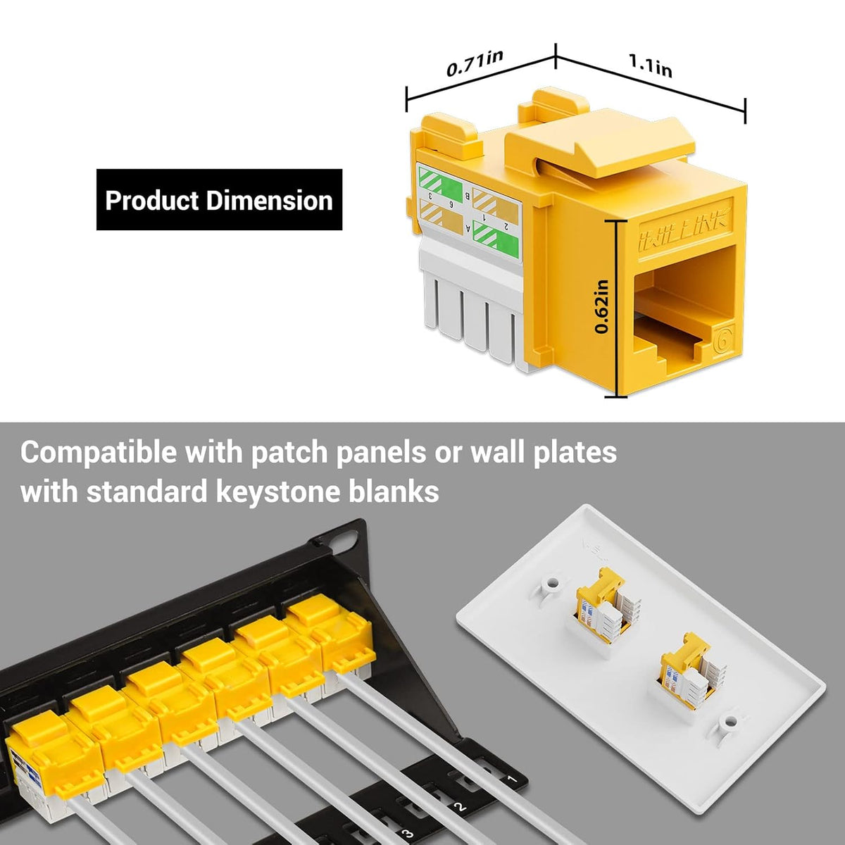 iwillink 10Gbps Cat6 Keystone Jack and Punch-Down Stand, 50-Pack, RJ45 Ethernet Keystone Jacks, 90-Degree UTP Modular Punch Down Keystone Jack Adapter, Yellow