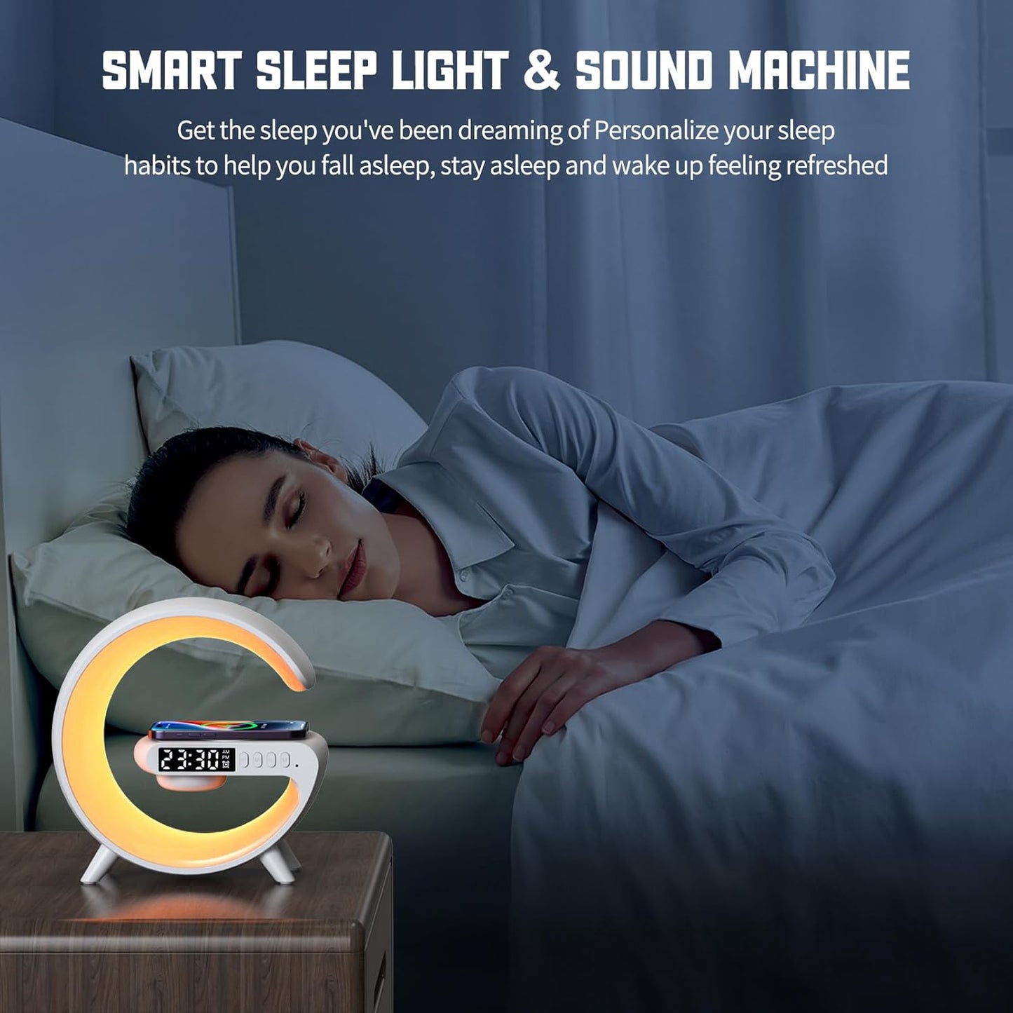 Mini LED Table Lamp with 4-in-1 Wireless Charger, Night Light, Sunrise Alarm Clock, Bluetooth Speaker, Smart Atmosphere Table Lamp for Bedroom, Office, Home Decor (Black)