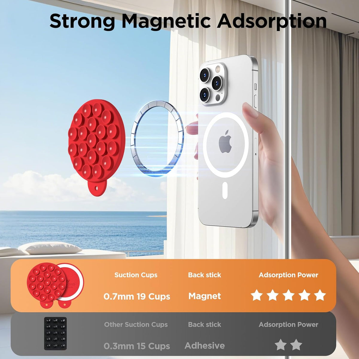 Magnetic Suction Cup Phone Mount for MagSafe Case, Silicone Hands-Free Phone Grip Holder for iPhone and Android, Mirror Shower Phone Stand for Makeup FaceTime Gym Kitchen Bathroom, Red