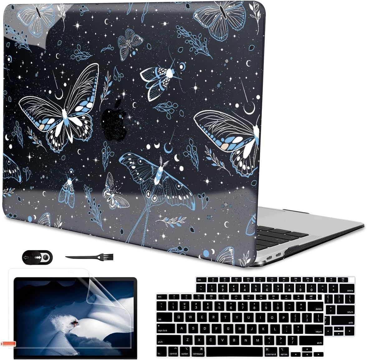 for MacBook Air 13 inch Case 2021 2020 2019 2018 Release M1 A2337 A2179 A1932, Glitter Black Pritned Pattern Hard Case Cover for Mac Air 13 M1 Retina Display with Touch ID, Butterfly Sky