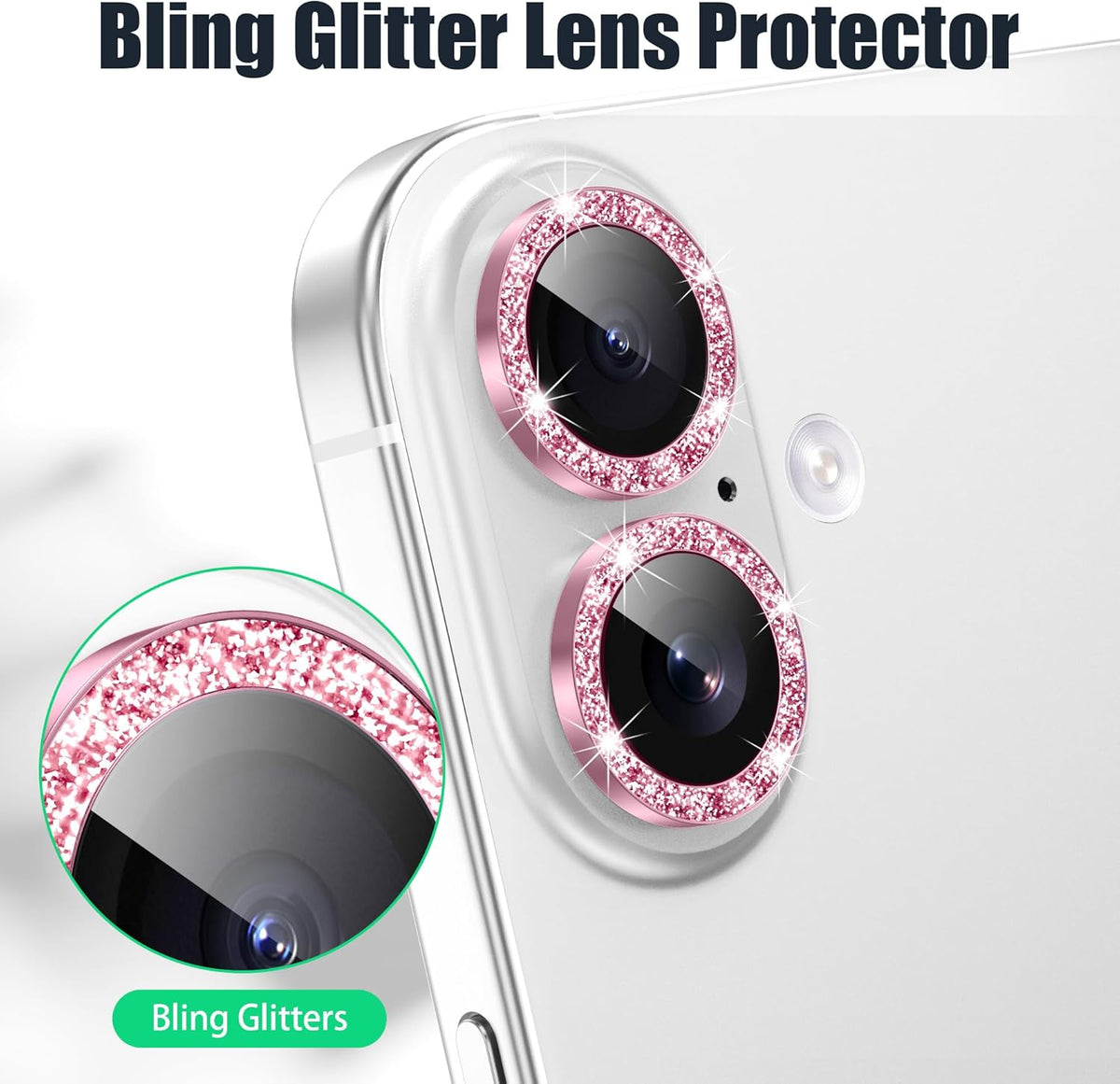 AGVEE 3+3 6 Pack for iPhone 16 6.1" / 16 Plus 6.7" Camera Lens Cover Protector, Bling Glitter & CD-Textured Metal Ring 9H Tempered HD Glass Camera Cover Protector Film, Glitter-Pink