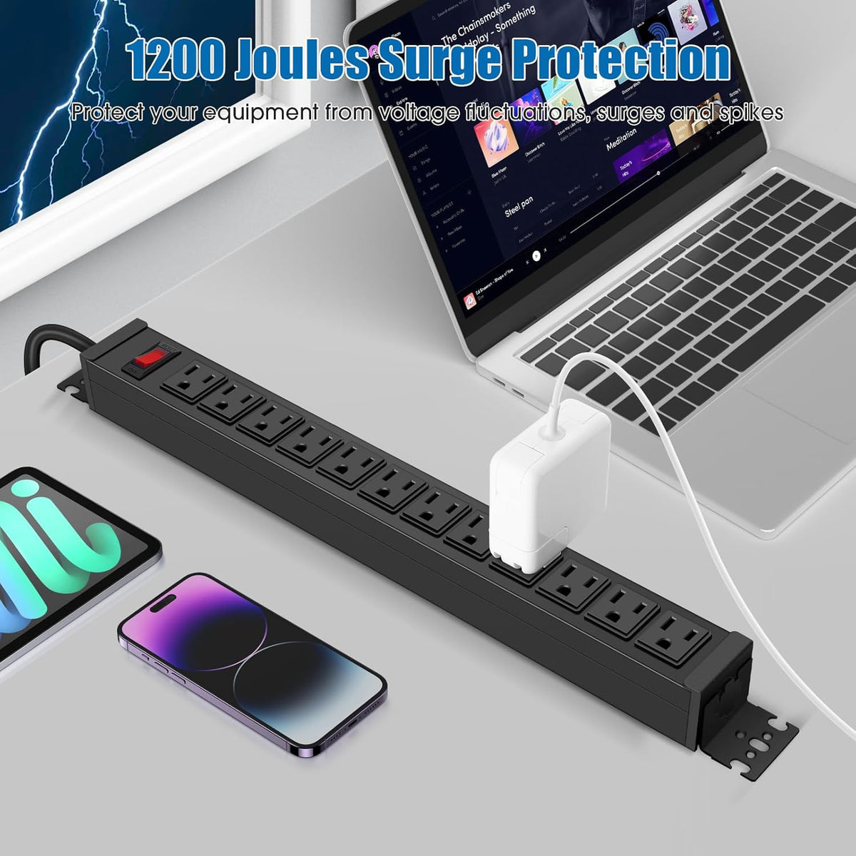 HHSOET Rotating Mountable Power Strip, 12 Outlet Wall Mount Surge Protector, Metal Heavy Duty and Versatile Outlet Strip, Stylish Appearance, Sturdy and Durable, 10ft Power Cord.(Black)