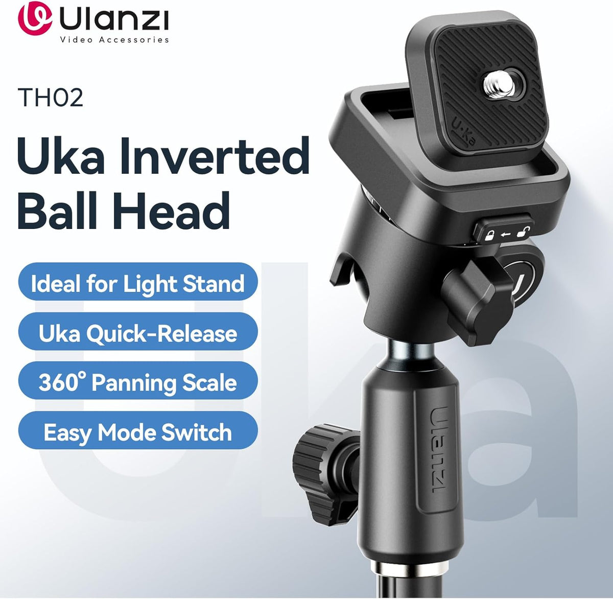 ULANZI TH02 Uka Inverted Ball Head Quick Release Metal Ball Head Camera Mount Uka 360° Rotating with Quick Release Plate, 2.5kg/5.5lb Load for Tripod, Monopod, DSLR, Camera