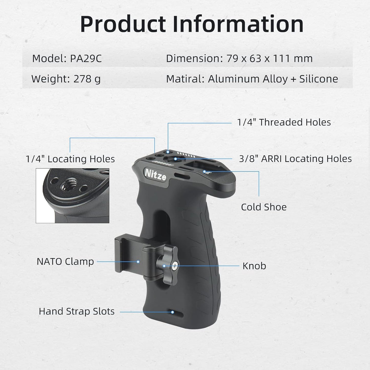 Nitze Ergonomic NATO Side Handle with NATO Calmp, Up/Down and Left/Right Adjustable, Rubberized Aluminum Camera Side Handle Camera/Monitor Cages - PA29C
