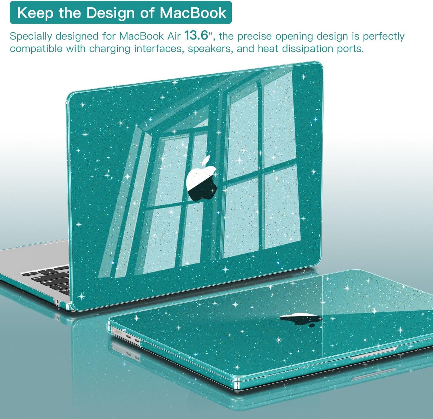 CISSOOK for MacBook Air 13 inch Case M4 M3 M2 2025 2024 2022, Plastic Hard Shell Case Glitter Bling Cover with Keyboard Cover for MacBook Air 13.6 A3240 A3113 A2681, Deep Teal Glitter