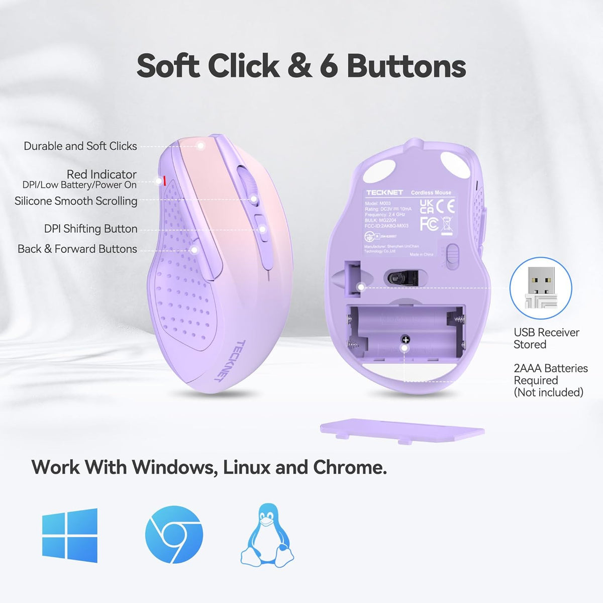 TECKNET Wireless Mouse, 2.4G Ergonomic Optical Mouse, Computer Mouse for Laptop, PC, Computer, Chromebook, Notebook, 6 Buttons, 24 Months Battery Life, 4000 DPI, 6 Adjustment Levels